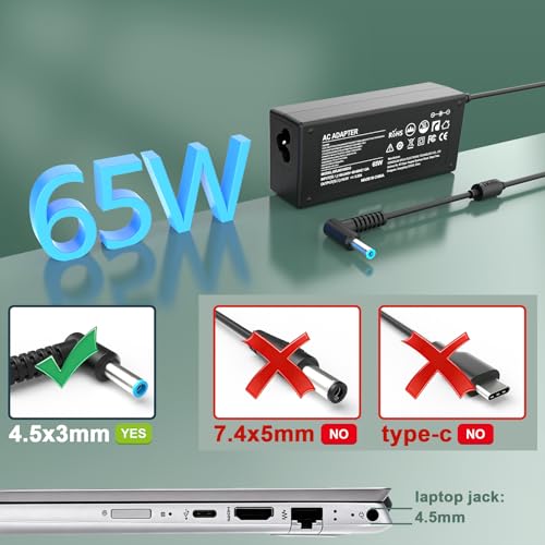 Shefor 65W Laptop Charger Adapter Compatible with HP EliteBook 840 850 830,Pavilion x360 15 13, 19.5V 3.33A Blue Tip 4.5×3.0mm Laptop Adapter, Charger for ProBook 450 440 640