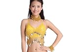 ZLTdream Lady's Belly Dance Bandage Coin Bra Top With Chest Pad Yellow