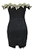 Alvaq Women's Gold Lace Applique V Neck Backless Off Shoulder Mini Dress