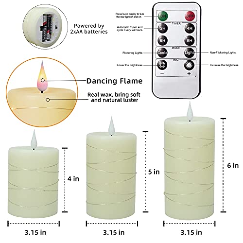 Set of 3 Flickering Flameless Candles with Embedded String Light, Battery Operated Pillar Real Wax 3D Teardrop-Shaped Wick LED Candle Sets with Remote Control Timer