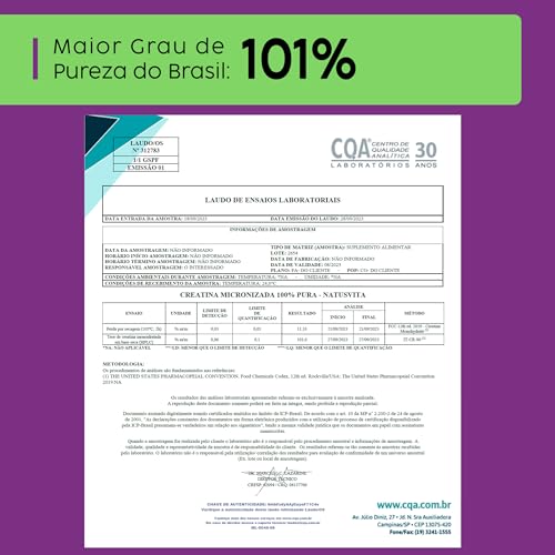 Creatina Pura 500g Monohidratada Micronizada à 180 mícrons. 101% de Pureza em Laudo. Livre de Metais Pesados