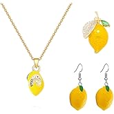coadipress 3 Pcs Fruit Jewelry Sets for Women Dainty Cute Sweet Lemon Banana Strawberry Earrings Necklace Brooch Charm Chic Imitation Fruit Necklaces Earrings Brooch Summer Jewelry Gifts