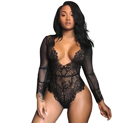Hunzed Women Sexy Lingerie Lace Nightwear Dress Babydoll Erotic Transparent Sleepwear G-string (L, Black)