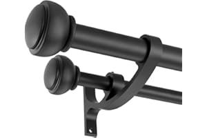 YUN NEPHELE Matte Black Double Curtain Rods, 72 to 144 Inch, Decorative with Cap Finials, 1-Inch Front, 5/8 Inch Back, Adjustable Dual Rods