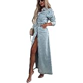 utcoco Women's Denim Maxi Dress Fashion High Waist Long Sleeve Button Down Shirt Jean Dress with Pockets