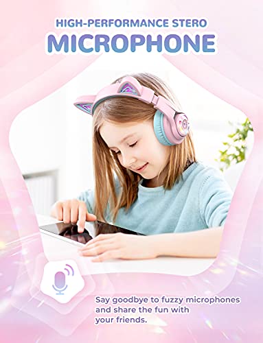 iClever Bluetooth Kids Headphones, BTH13 Cat Ear LED Light Up Kids Wireless Headphones, 50H Playtime, 74/85dBA Volume Limiting Children Headphones with Microphone Over Ear for School/Tablet/PC