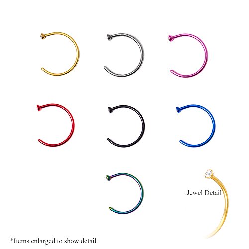 BodyJewelryOnline 7-Piece Nose Hoop Collection with Clear Gem - 316L Surgical Steel - 3 Sizes to Choose From - You Get All Seven Colors! (20ga-5/16(8mm))