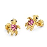 14k Gold Plated Brass Red Turtle Cubic Zirconia Screwback Girls Earrings with Sterling Silver Post