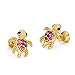 14k Gold Plated Brass Red Turtle Cubic Zirconia Screwback Girls Earrings with Sterling Silver Post