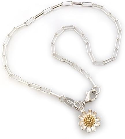 Sterling Silver Anklet-Long Box Chain-Flower Charm Anklet (10.5 inches)
