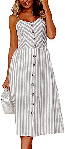 TinyChic Womens Summer Floral Bohemian Spaghetti Strap Sleeveless Swing Midi Dress with Pockets (Small, Grey)