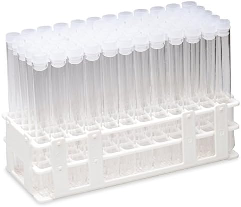Test Tube Set, 60 Tube, 16 x 150 mm Clear Plastic with Clear Caps and White Rack, KeL Scientific KS-30360C