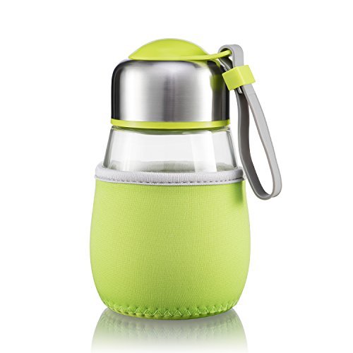 14oz Borosilicate Glass Water Bottle Anti-slip Silicone Sleeve with Eco-friendly Shatter Resistant Borosilicate Glass Bottle, BPA, PVC, Plastic and Lead Free (Green)