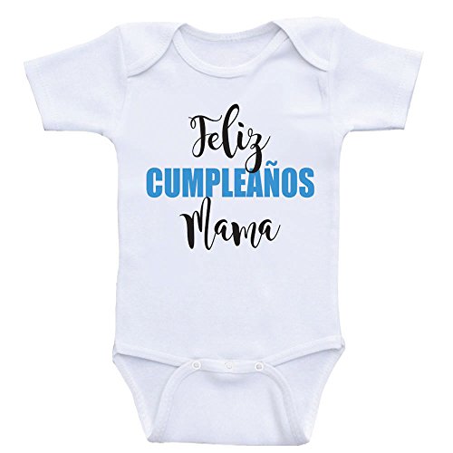 Cumpleanos Baby Clothes "Feliz Cumpleanos Mama" Mom's Birthday Onesie (3mo-Short Sleeve, Blue Text)