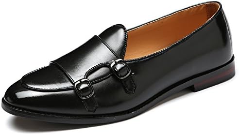 NJiang Men's Leather Double Monk Strap Loafers Slip On Prom Monk Oxford Business Formal Dress Shoes