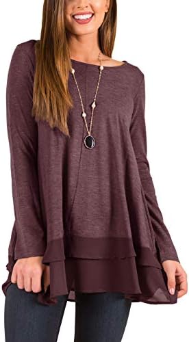 PRETTODAY Women's Casual Tunic Tops Crew Neck Shirts Chiffon Hemline Loose Blouses