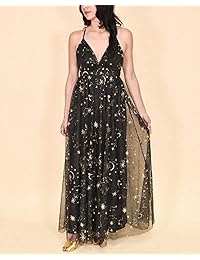 Sidecca - Vestido para mujer con diseño de estrella celestial y luna bordado de malla Imperio de cintura