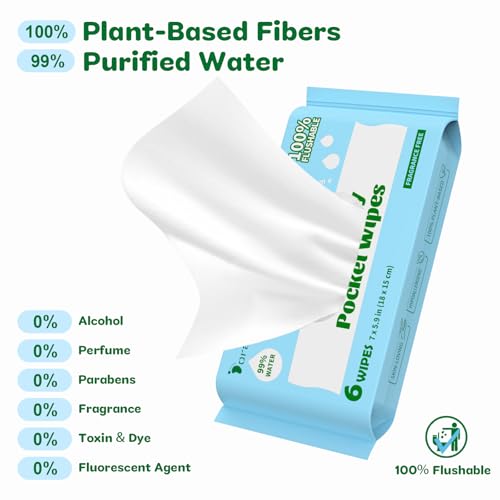 Flushable Travel Size Wet Wipes - Mini, Plastic Free & Unscented, Moist Toilet Paper for Travel with 99% Water, Hypoallergenic for Sensitive Skin, Pocket Size, 48 Pieces (8 Packs)