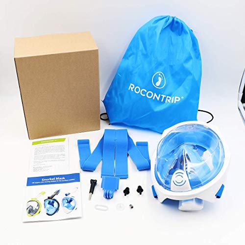 ROCONTRIP Full Face Snorkel Mask, Free Breathing 180° Panoramic View Diving Mask, Anti-Fog Anti-Leak and Adjustable Head Strap Snorkeling Mask for Men Women Adult (White Blue Foldable, L/XL) - Thumbnail 6