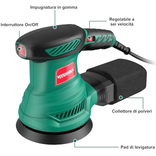 HYCHIKA Orbital Sander 300W, 6 Adjustable Speeds, 13000 RPM, 12pcs Sanding Discs 125 mm (80, 120, 240 Grains), Electric Sander, with Dust Collection Box