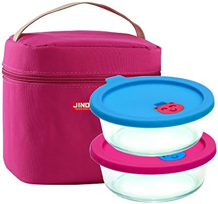 Jindal Microwavable Borosilicate Glass 650ml Round Containers Set Of 2 With Pink Lunch Bag &amp; Silicon Lid