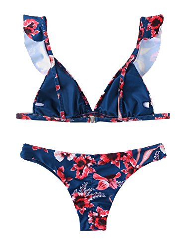 SOLYHUX Women's Flower Print Ruffle Strap Bikini Set Swimsuit Dark Blue S