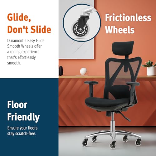 Duramont Ergonomic Office Chair | Adjustable Desk Chair with Lumbar Support and Rollerblade Wheels | High Back Chair with Breathable Mesh | Thick Seat Cushion