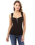 PattyBoutik Women's Zip Front V-Neck Tank Top (Black L)