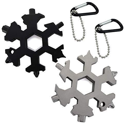 2 Pack Snowflake Metric Multitools,15 in 1 Sand-Cast Molded Multiuse Tool,Snowflake Keychain Screwdriver,Bottle Opener,End Wrench（Silver and Black）