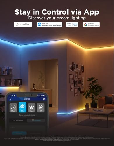 Govee RGBIC LED Strip Lights 16.4ft with Covers, Smart LED Lights Work with Alexa and Google Assistant, LED Diffuser Channel with LED Lights for Bedroom, Skirting Lines, Studio, Cabinet