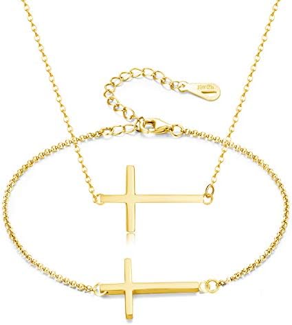 Sideway Cross Necklace Bracelet Set 18K Gold Plated Hypoallergenic Stainless Steel Material for Women Girls with Gift Pack