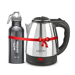 Milton Combo Set Go Electro Stainless Steel Electric Kettle (1.2 Litre), 1 Piece, Silver and Alive Stainless Steel Water Bottle (750 ml), 1 Piece, Black