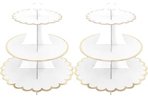 Leismy 2 Pack Sturdy 3 Tier Cardboard Cupcake Stands, White, 18cm, 24cm, 30cm, 33cm Height, Holds 10-15 Cupcakes Each, Biodeg