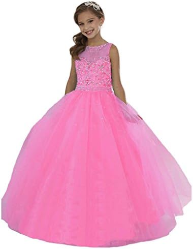 Wenli Girls' Sheer Neck Beaded Rhinestones Pageant Dresses