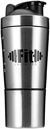 Protein Shaker BPA Free Stainless Steel Double Wall Insulated, 24OZ with Built-In Mixing Lid, With Additional 6OZ Removable Cup for Protein Powder, Vitamin, or Snack Storage by FIT UNLIMITED