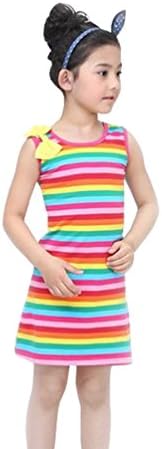 Mactery Girls Bowknot Dresses Rainbow Stripes Sleeveless Vest Dress 6 Years Rainbow