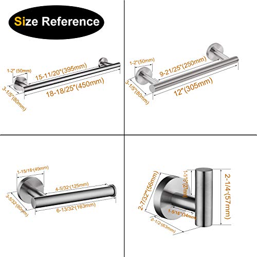 Nolimas 4-Pieces Set Brushed Nickel Bathroom Hardware Set SUS304 Stainless Steel Round Wall Mounted - Includes 18"&12" Hand Towel Bar,Toilet Paper Holder, Robe Towel Hooks,Bathroom Accessories Kit - Thumbnail 6