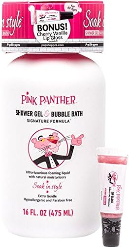 PopShoppes Pink Panther Luxury Bubble Bath and Shower Gel for All Ages, Premium Signature Pink Formula, Soak in Style, comes with bonus Ultra Premium Lip Gloss