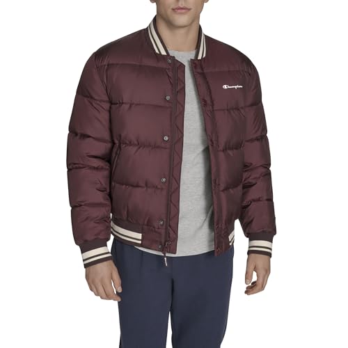 Champion Men's Varsity Bomber Puffer Jacket, Wine Tech, X-Large