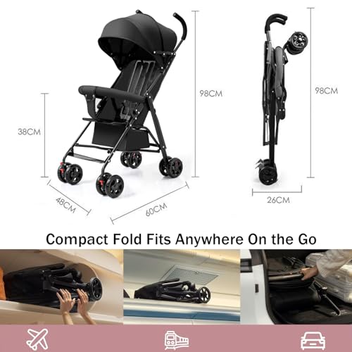 GGEROU Baby Lightweight Stroller,Compact Travel Stroller for Airplane with One-Click Fold - Compact Strollers with Canopy,Foldable Umbrella Stroller for Toddlers,Age 6 Months & Above (Large Canopy)