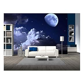 Night Sky with The Moon, Clouds and Stars - Removable Wall Mural | Self-Adhesive Large Wallpaper - 66x96 inches