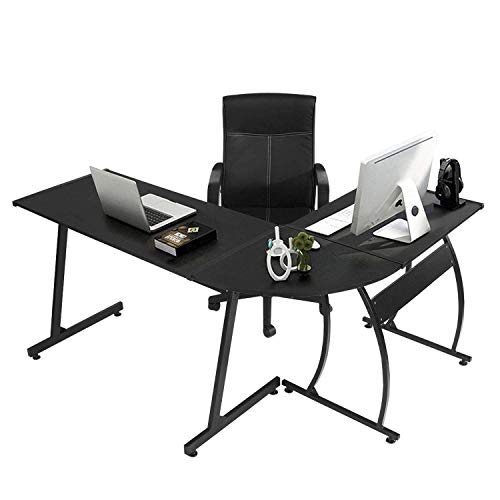 L-Shaped Home Office Corner Desk - 43"PC Monitors Computer Desk, Corner Table with Simple Modern Design for Easy Assembling, Shiny Surface Scratch Resistant Tabletop, Modern Black - Thumbnail 7