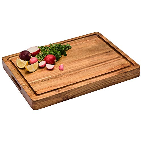 Large Reversible Multipurpose Thick Acacia Wood Cutting Board: 16x12x1.5 Juice Groove & Cracker/Bread Holder (Gift Box Included) by Sonder Los Angeles