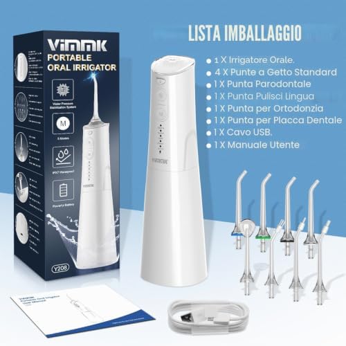 Irrigatore orale senza fili, pulitore elettrico Vimmk, doccia dentale, 5 modalità e 8 ugelli USB-C ricaricabile, IPX7, impermeabile (beige)