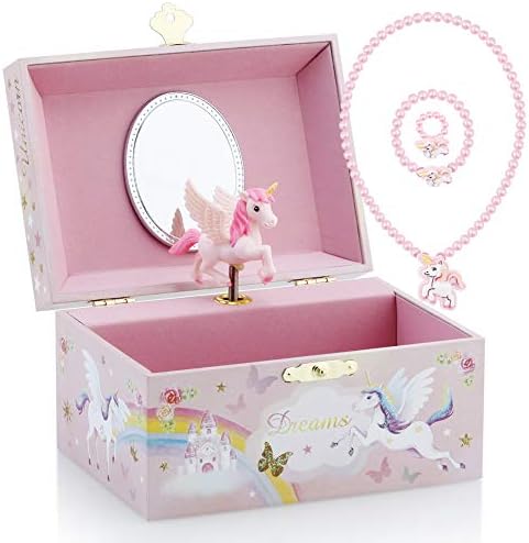 Kids Musical Jewelry Box for Girls and Jewelry Set with Mysterious Unicorn – Over the Waves Tune Pink