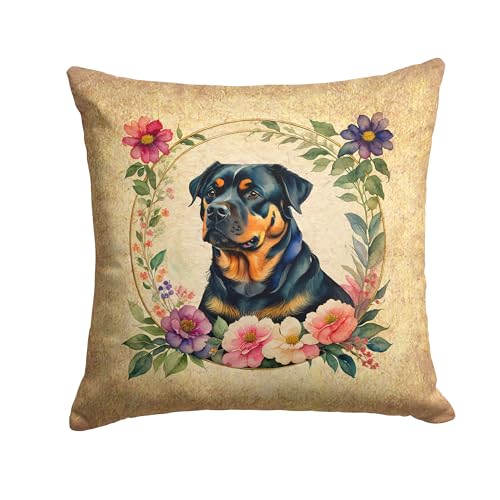 Caroline's Treasures DAC2194PW1818 Rottweiler and Flowers Fabric Decorative Pillow Machine Washable, Indoor Outdoor Decorative Pillow for Couch, Bed or Patio, 18Hx18W at Amazon