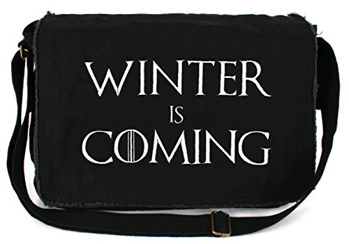 Dancing Participle Winter is Coming Embroidered Black Messenger Bag