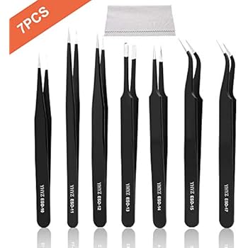 Precision ESD Tweezers (7PCS), Anti-Static Stainless Steel ESD Tweezers Set Kit, for Electronics, Sodlering，Jewelry, Craft, Laboratory Work etc