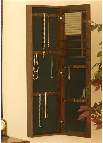 Svitlife Wall Mount Jewelry Armoire Cabinet Mirror in Oak Wood Finish Jewelry Cabinet Armoire Organizer Storage Mirrored Box Stand Christmas