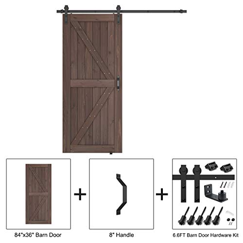 Genius Iron Light Walnut 36inx84in Barn Door with 6.6FT Sliding Door Hardware Kit & Flush and Pull Set & Floor Guide, Pre-Drilled Ready to Assemble Environmental Solid Fir Wood Door Panel, K-Frame - Thumbnail 3